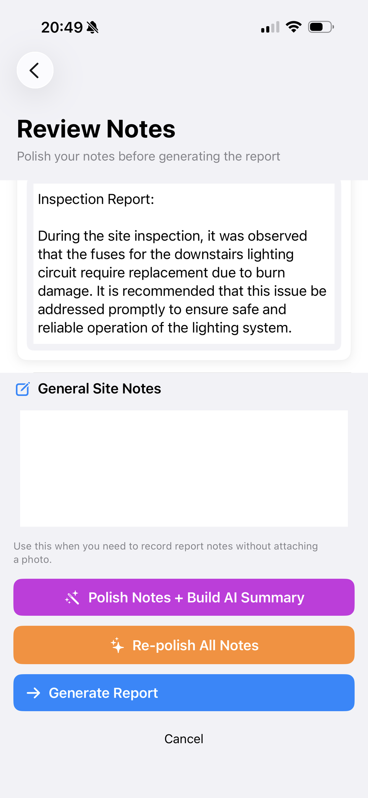 Review notes screen
