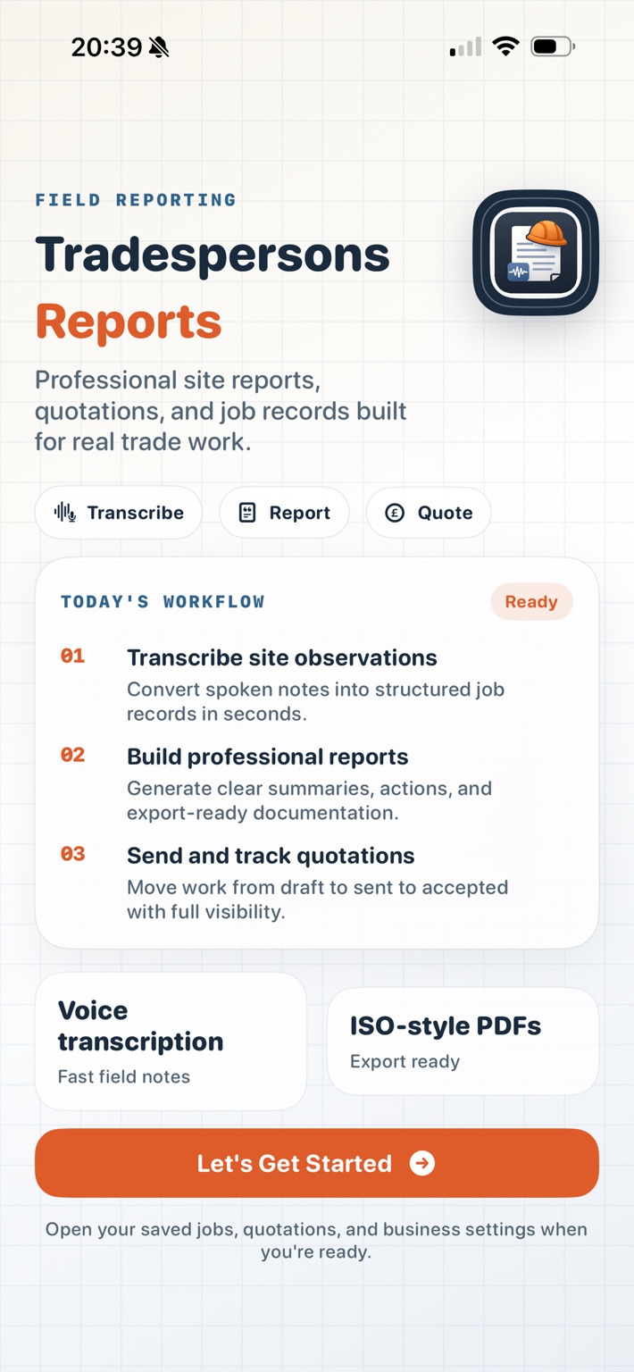 Tradespersons Reports welcome screen